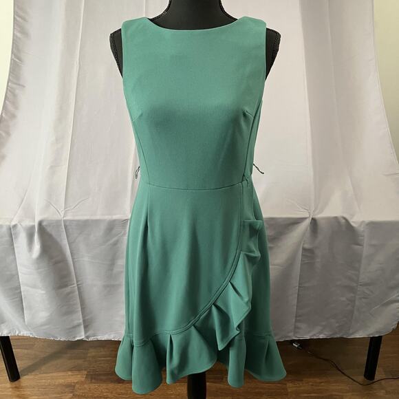 Calvin Klein Dress Womens 6 Green Sleeveless Ruffle Asymmetrical Hem Fitted Zip - Picture 1 of 16
